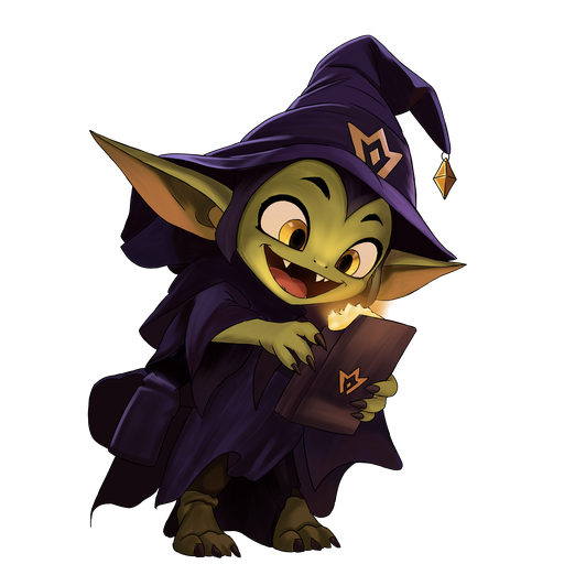 The Goblin Games goblin, grinning over a glowing book